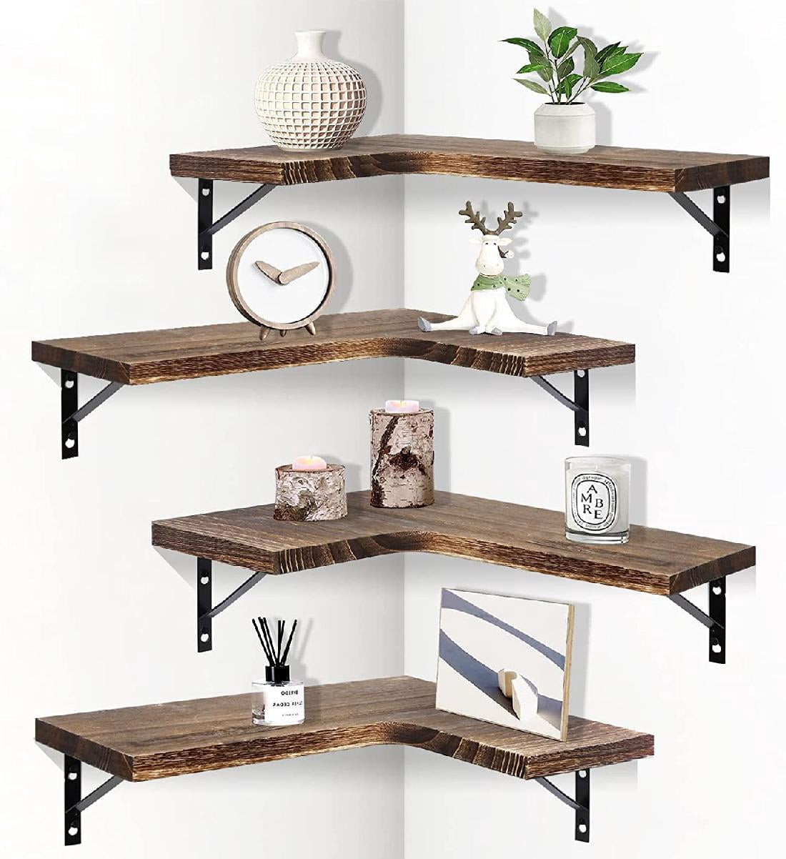 Corner Floating Shelves Wall Mount, Rustic Natural Wooden Texture
