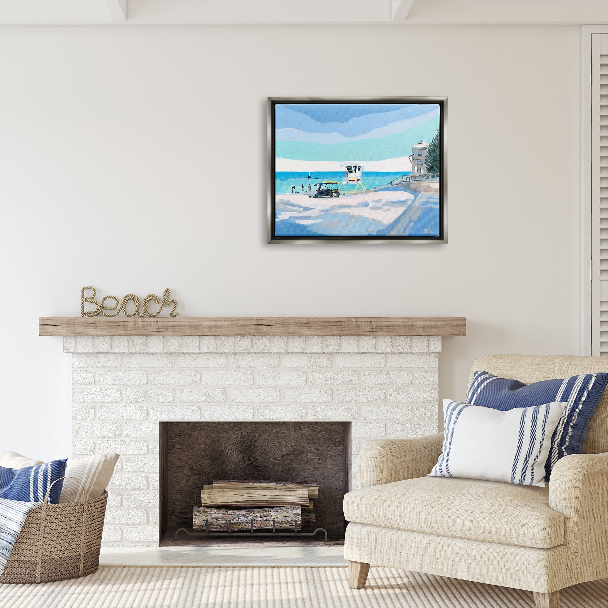 Stupell Industries Blue & White Beach Landscape Painting Gray Floater Framed Canvas Art Print Wall Art, 31 x 25