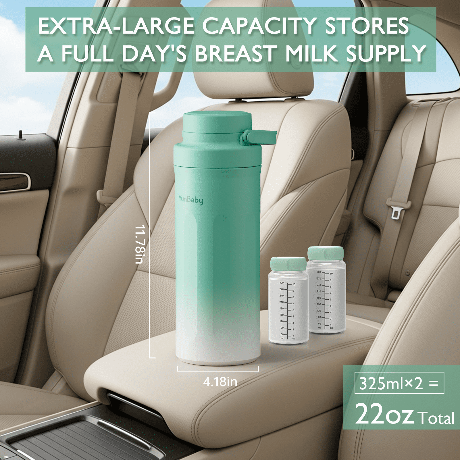 YunBaby 22oz Portable Breast Milk Cooler with Ice Pack, 30-Hour Cooling, Includes 2 Storage Bottles, Travel Essential, Green to White Gradient