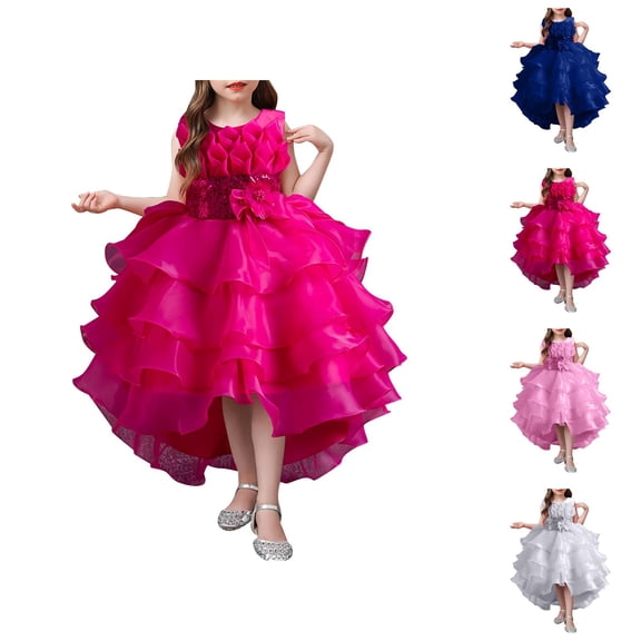 Asymmetrical Tulle Train Dress for Kids – Lace Ball Gown for Flower Girls, Dreamy Wedding Guest Outfit, Whimsical Spin on Pink Dress for Girls Formality
