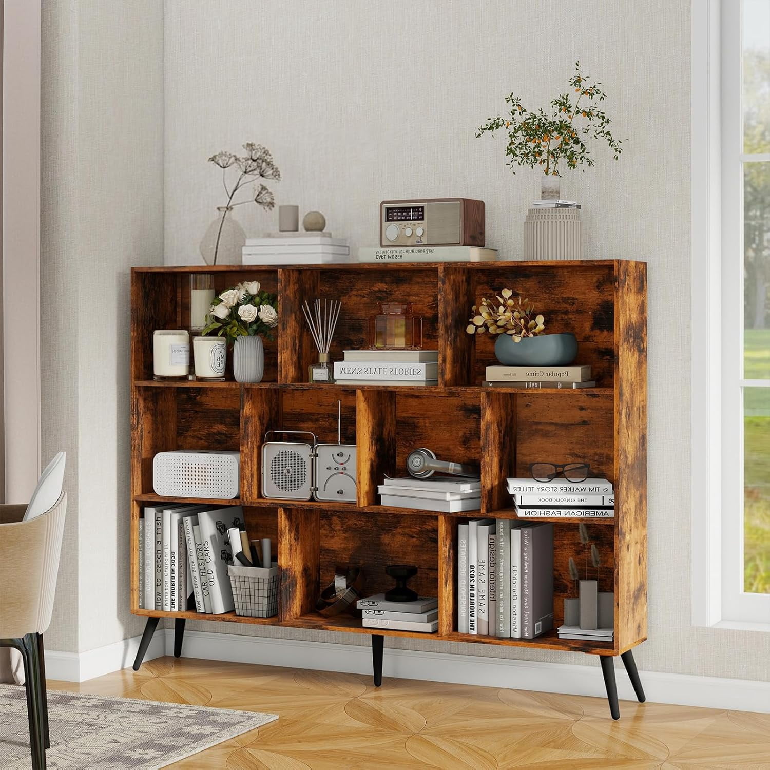 10 Cubes Bookshelf, Wooden 3-Tier Open Shelf Bookcase, Freestanding Book Shelf Storage Organizer with 5 Iron Legs for Home Office, Living Room, Bedroom