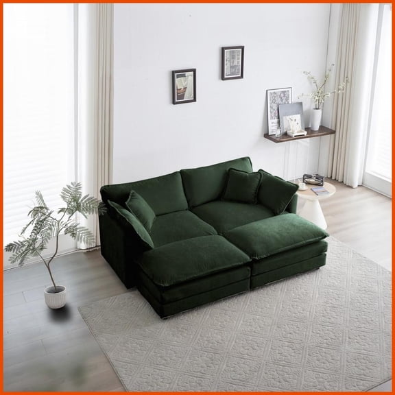 Modern Green Chenille 4-Piece Sectional Sofa Set: 2-Seat Loveseat 2 Ottomans for Living Room with Flexible Layout