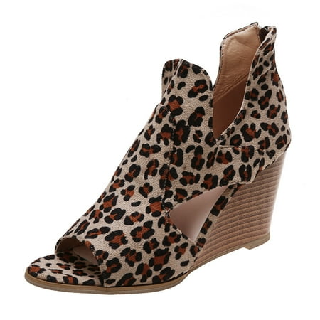 

Wedge Heels for Women Zipper Closure Leopard Printed Heel Sandals Party Dress Open Toe Sandals