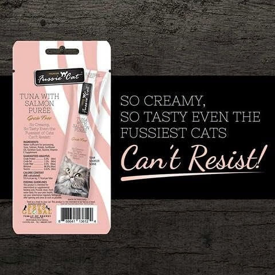 Fussie Cat Puree Lickable Cat Treats: 1 Tuna with Salmon, 1 Tuna with Ocean Fish & 1 Tuna with Shrimp (3 Four-Tube Packs, 12 Tubes Total, 0.5 Oz per Tube)