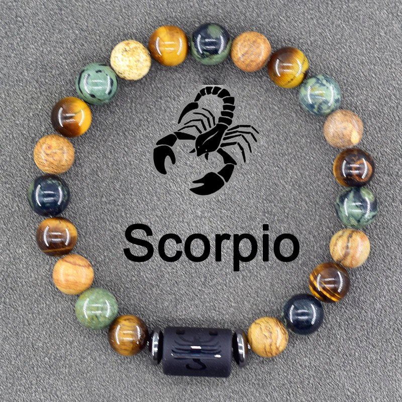 1pc Bohemian Zodiac Sign Bracelet - Stretch Stone Beaded Friendship Bangles with, Virgo, Leo, Libra Symbols - Colorful Marbled Pattern - Ideal Gift for Men and Women,Scoprio