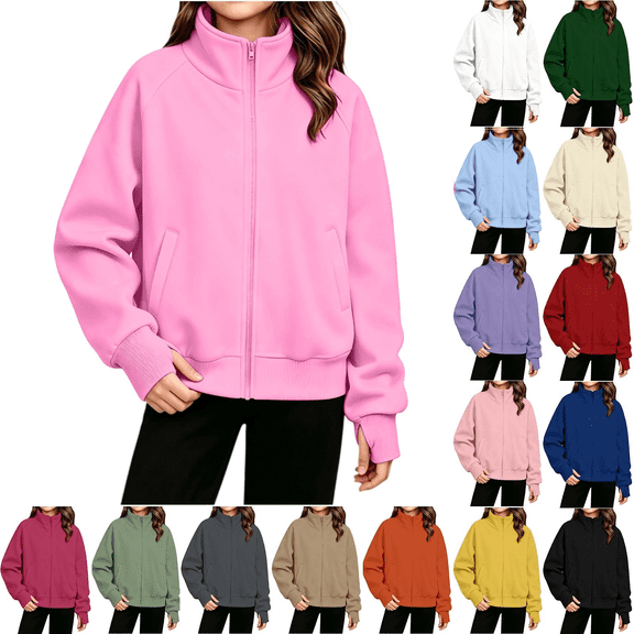 ersvoioy Girls Sweatshirts 7-8 Zip Up Stand Collar Long Sleeve Thumb Holes Sweatshirts with Pockets Kids Fall Winter Long Sleeve Jacket Fashion School Preppy Clothes