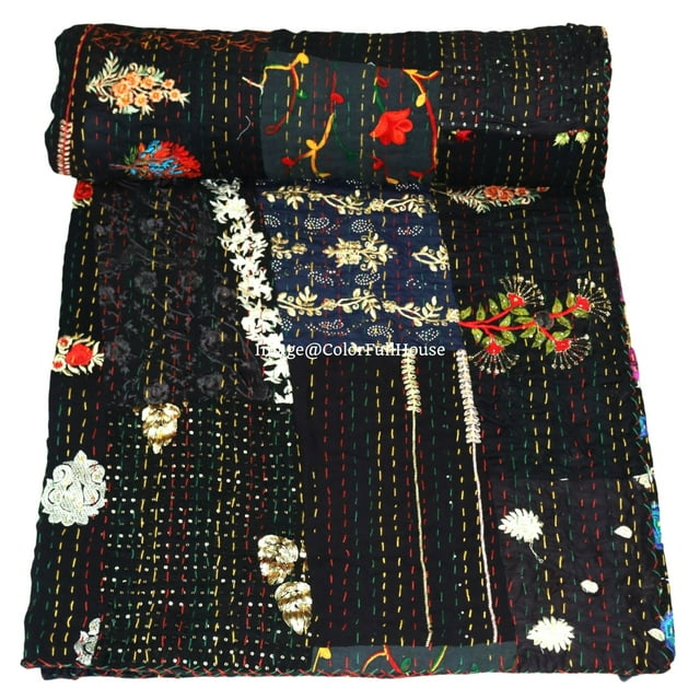 ColorFull House Courtepointe Indienne Patchwork Kantha, Coton avec Soie Kantha Goudri Vintage, Couvre-Lit Décoratif à la Main, Couverture Taille Jeté (Double 90 Pouces x 108 Pouces)