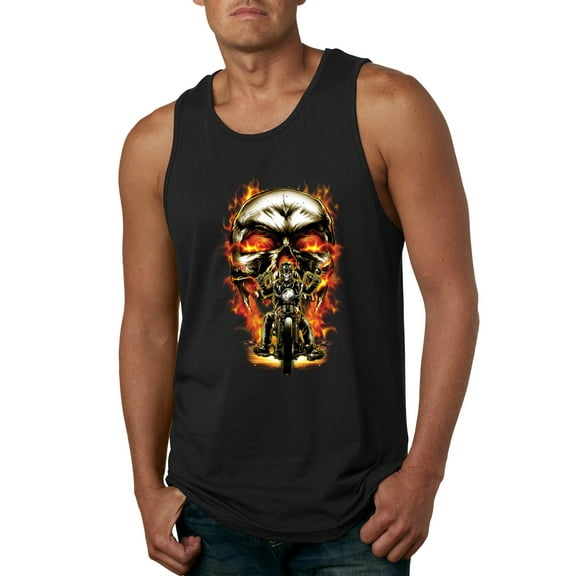 Flaming Motorycle Hell Fire Skull Biker | Mens Fashion Graphic Tank Top, Black, Small