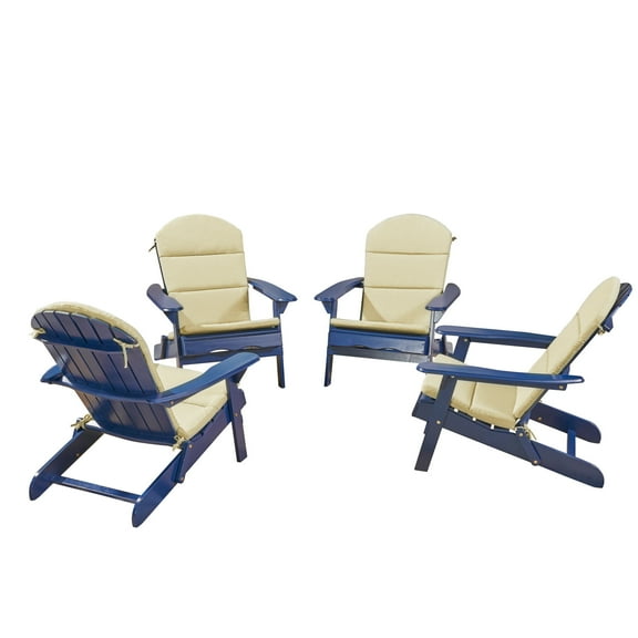 Gavin Outdoor Acacia Wood Folding Adirondack Chairs with Cushions (Set of 4), Navy Blue and Khaki