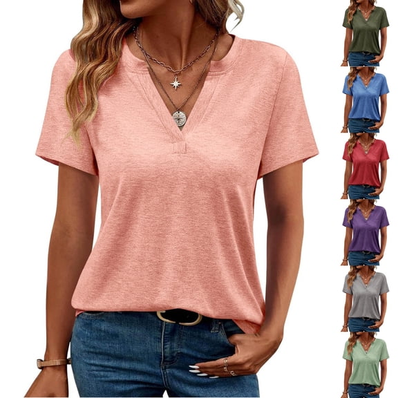 Wlynlyn Womens T Shirts Summer Short Sleeve V Neck Casual Loose Fitted Plain Comfy Beach Vacation Tees Tops