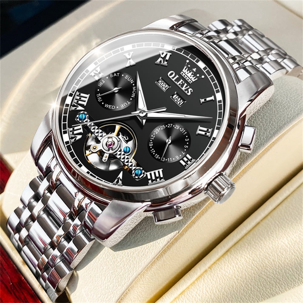 OLEVS Automatic Watches for Mens Self-Winding Mechanical Chronograph Classic Fashion Business Tourbillon Skeleton Stainless Steel Waterproof Luminous Mens Wrist Watches Reloj Para Hombre