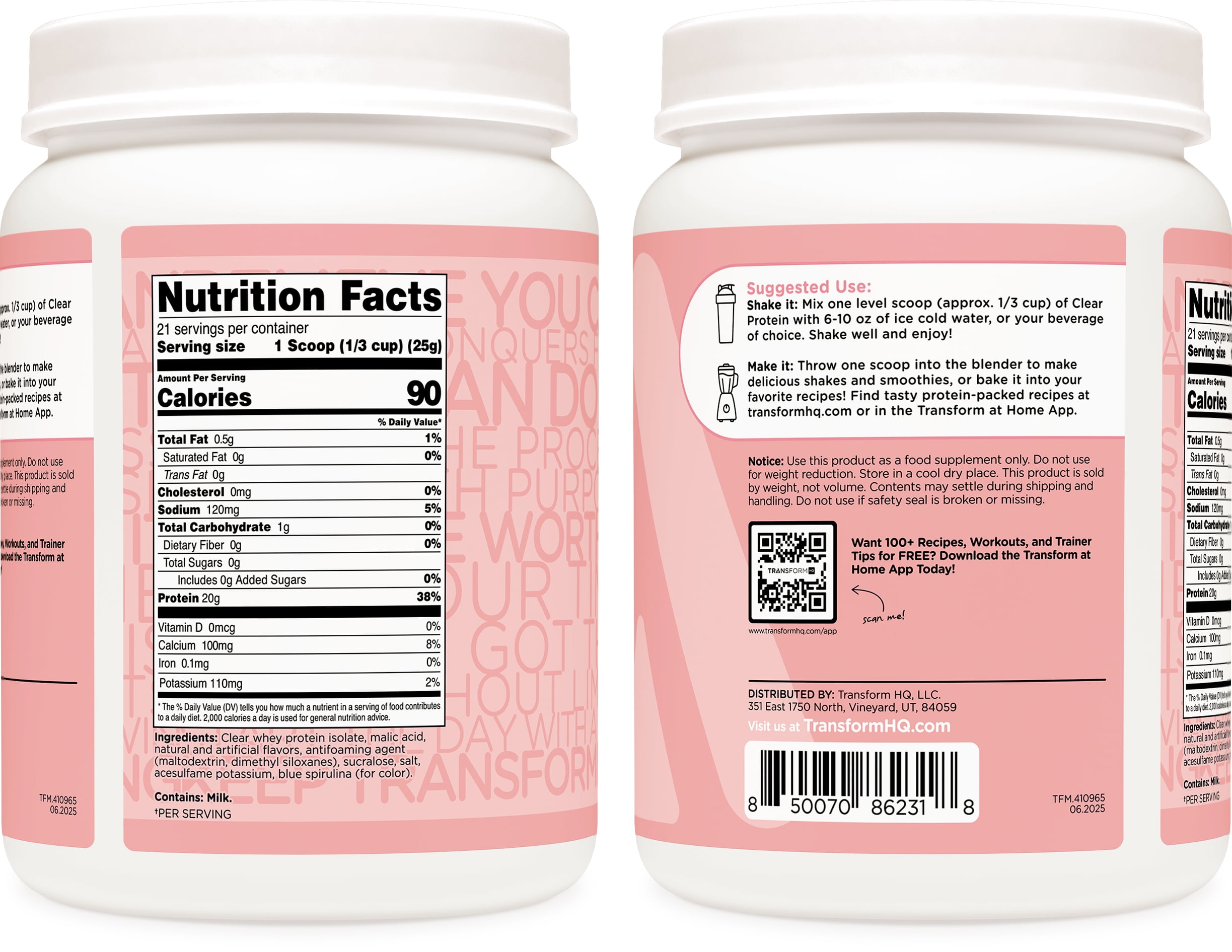 TransformHQ Clear Protein Powder (Cotton Candy) 21 Servings - Whey Protein Isolate, 20g of Protein, 90 Calories, 0g Added Sugars