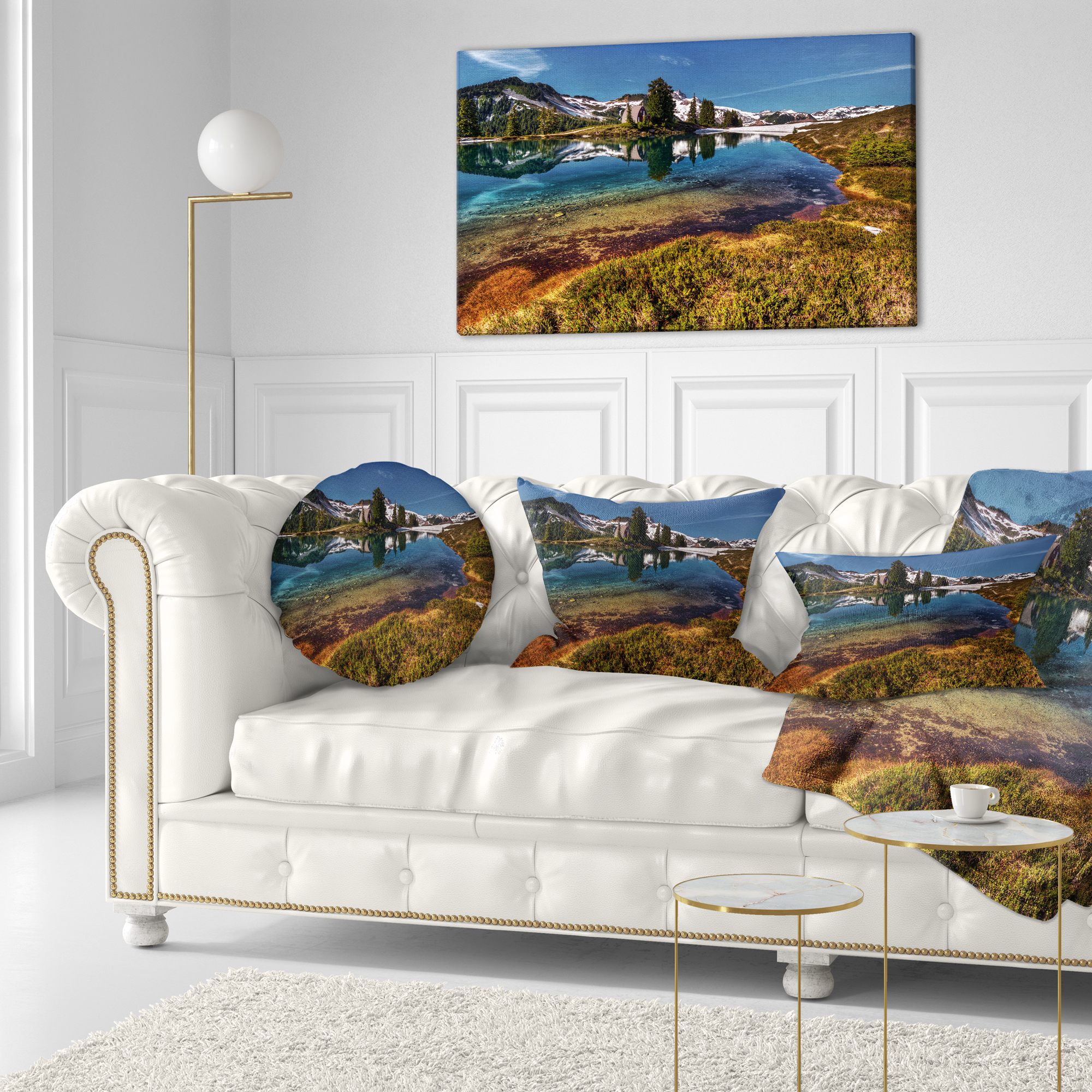 Designart Curving Mountain Lake Shore - Landscape Printed Throw Pillow - 12x20