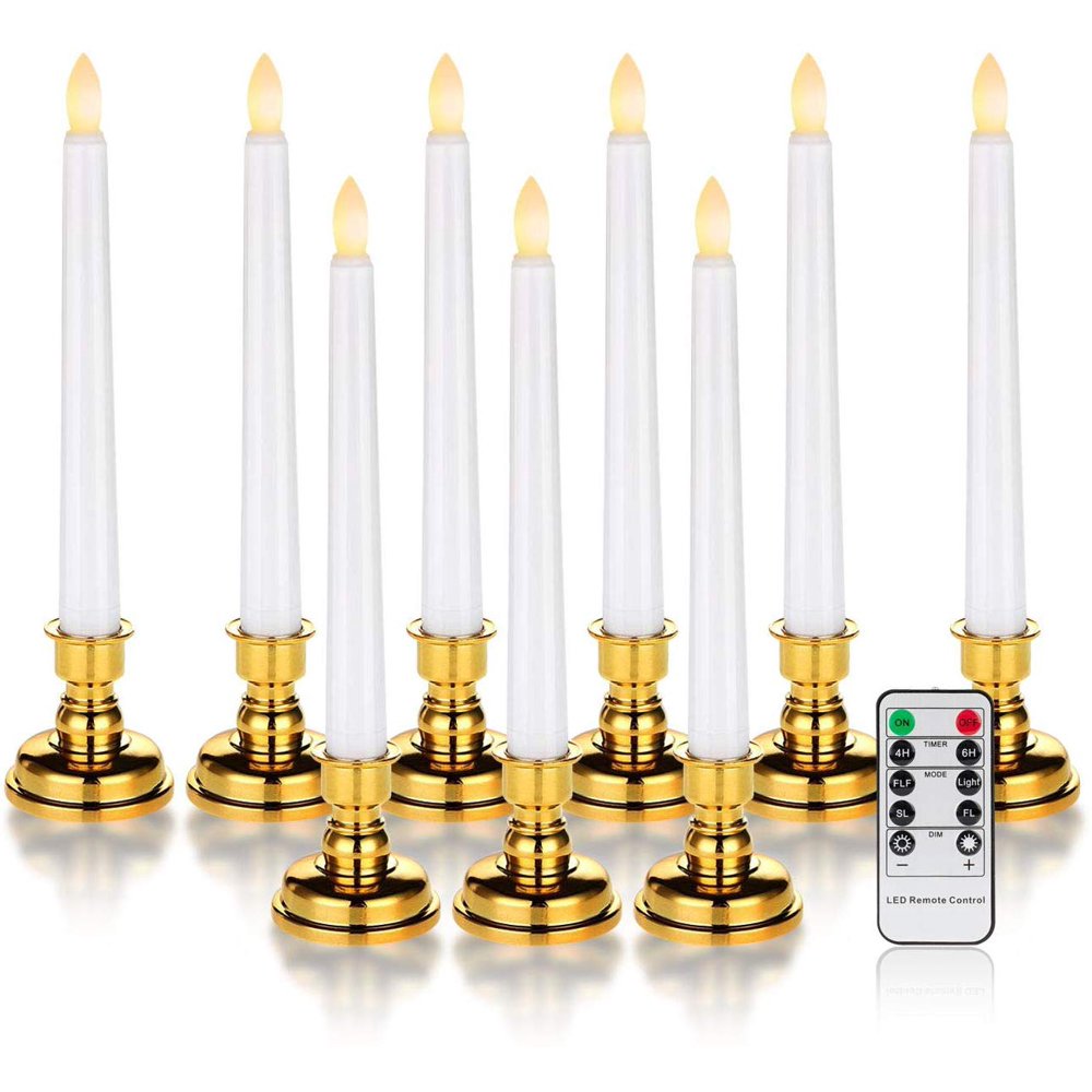"Happyline" 7.9" Flameless Taper Candles with Candlesticks Pack of 9