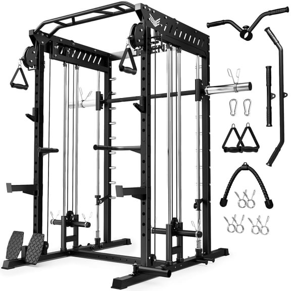 Allviate Smith Machine, 2000LBS M11 Multi-Function Squat Rack Power Cage with Cable Crossover System and Smith Bar, All-in-One LAT Pull-Down Machine for Home Gym