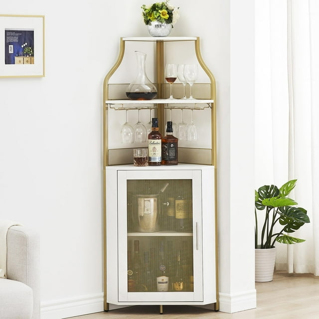 EDTara Corner Wine Cabinet with Removable Wine Rack, Wine Bar Cabinet with Barn Door and Adjustable Shelves, Industrial Wine Cabinet for Dining Room, Living Room,Kitchen