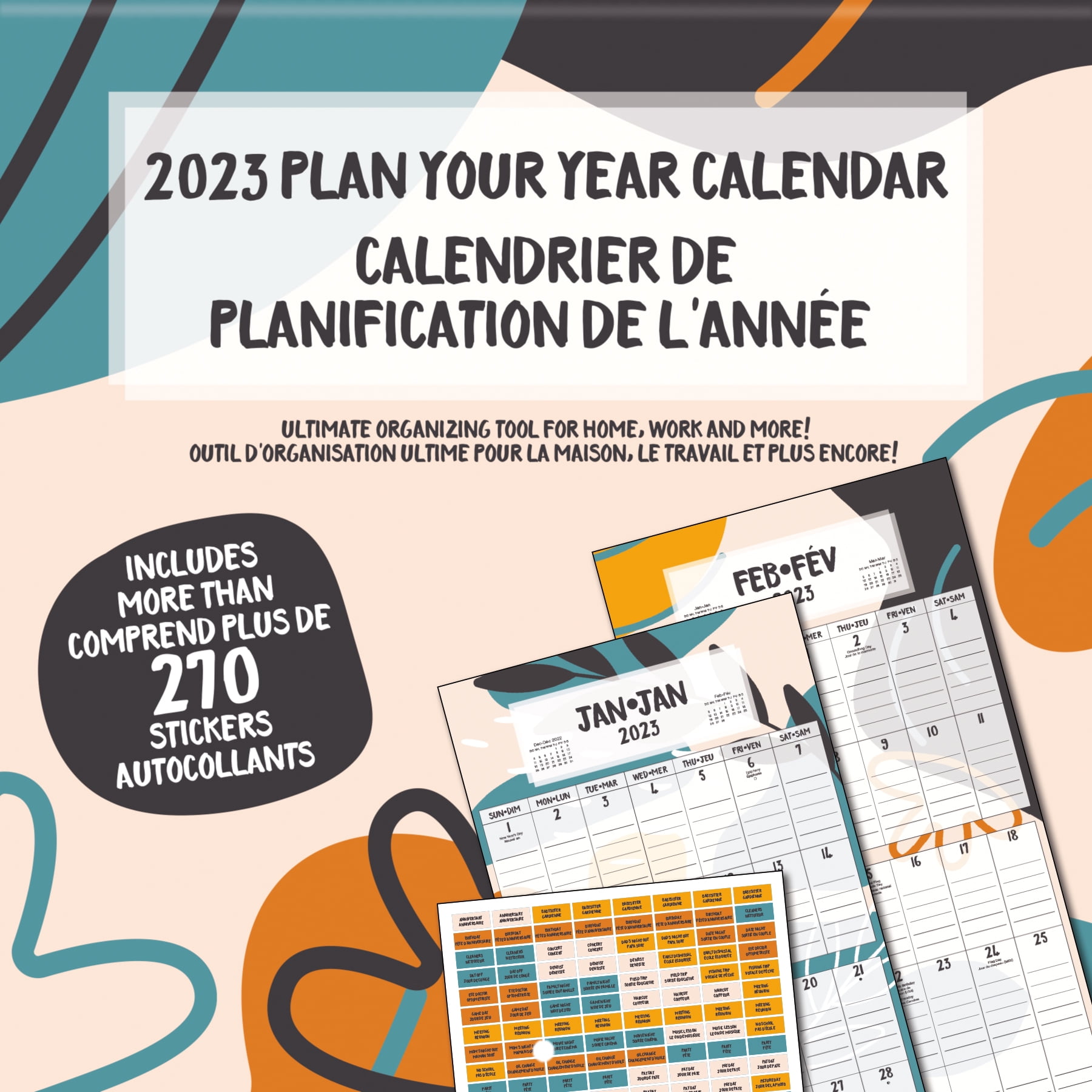 Trends International 2023 Plan Your Year with Reminder Stickers (Bilingual French) Wall Calendar