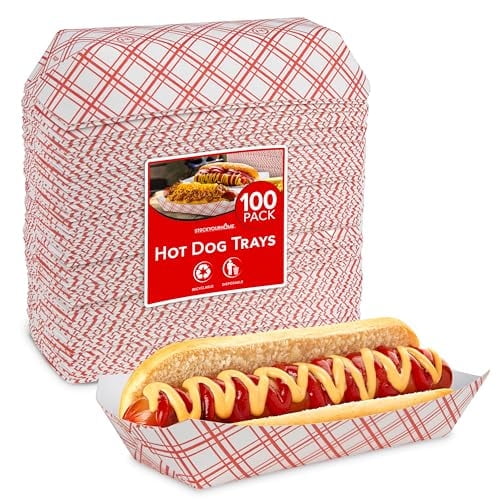 Stock Your Home Checkered Hot Dog Trays (100 Pack) - Retro Red & White Checked Food Boats for Hot Dogs Grease Resistant Checkered Trays - Recyclable & Disposable Paperboard Trays for Hot Dogs