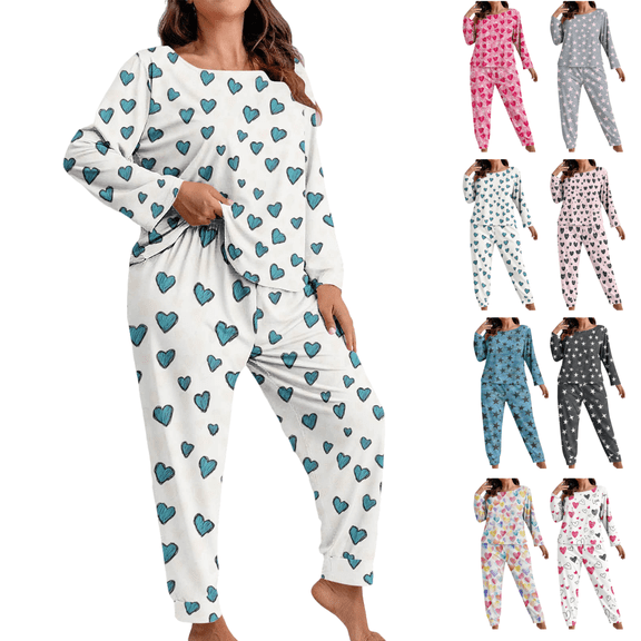 Mifsaly Plus Size Pajama Set Women Casual 2 Piece Pjs Oversized Cute Print Loungewear Crewneck Long Sleeve Loose Sleepwear Pullover Nightwear High Pants Baggy Pants 2025 Cozy Matching Outfits