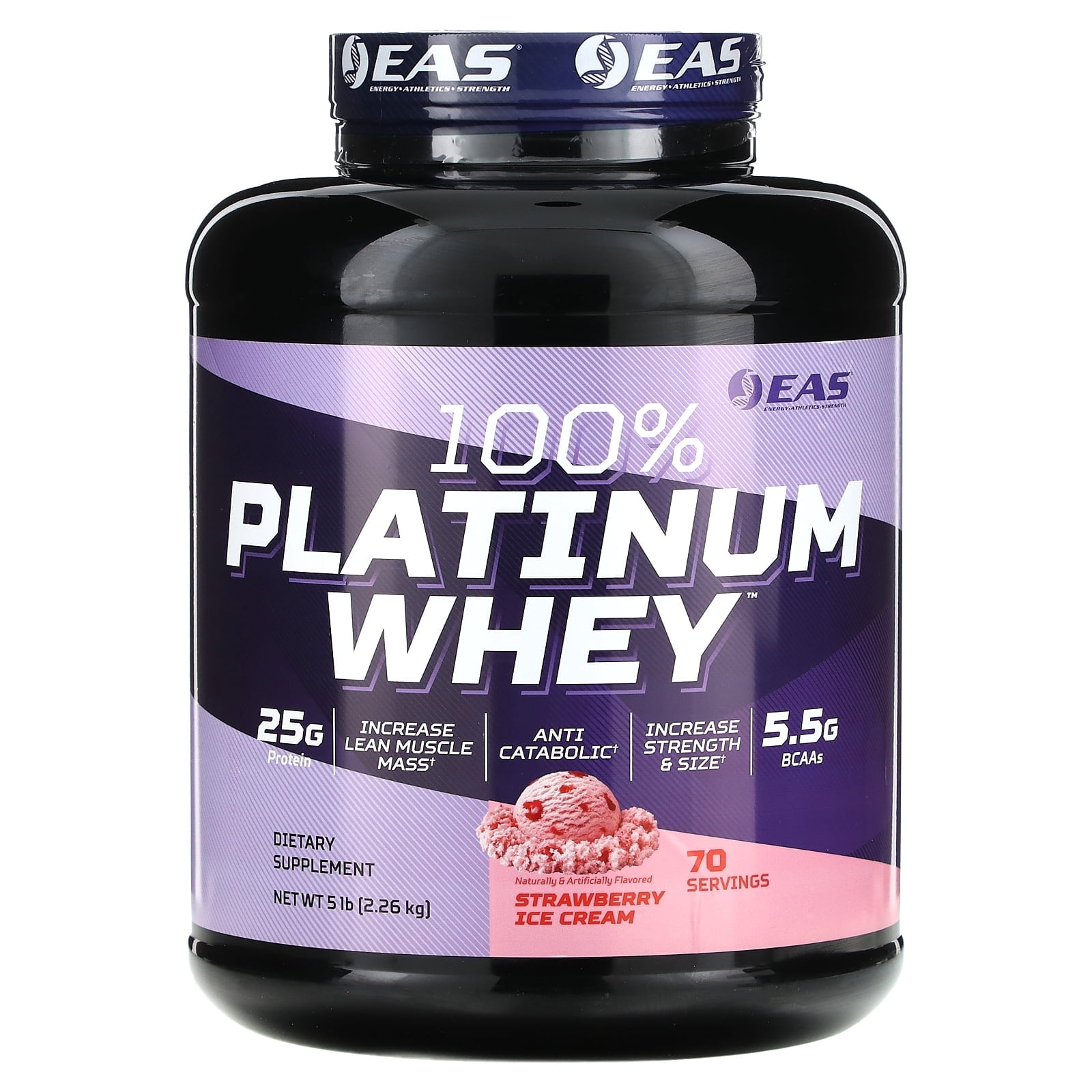 EAS 100% Platinum Whey Powder - 25g Protein, Anti Catabolic, 5.5g BCAAs - 5lb Strawberry Ice Cream