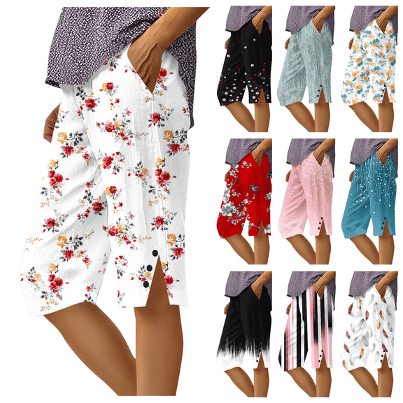 Lovzfmll Women's Printed Bermuda Shorts, Wide Leg Casual Shorts with Side Slit & Pockets, Summer Button Front Shorts White, S