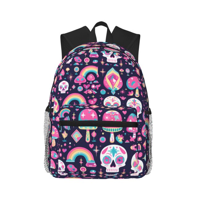 Disketp cute Skull rainbow mushroom Mochila Ligera Clásica con Múltiples Bolsillos, Mochila Casual para Hombre y Mujer, Ideal para Escuela, Trabajo y Viajes