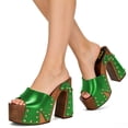 thumbnail image 3 of FSJ Women Platform Clogs Mules Open Toe Wooden Block High Heel Sandals Rivet Studded Chunky Slides Size 8 Green, 3 of 4