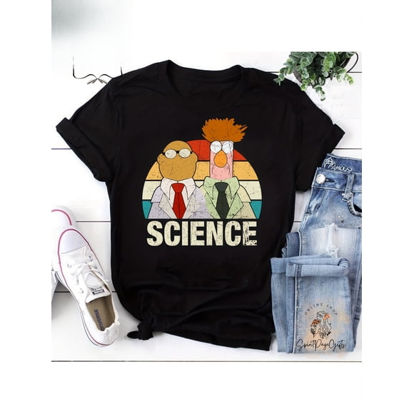 T-shirt Vintage à Motif avec Muppets Bunsen et Bécher, Thème Scientifique Rétro à Rayures Arc-en-Ciel