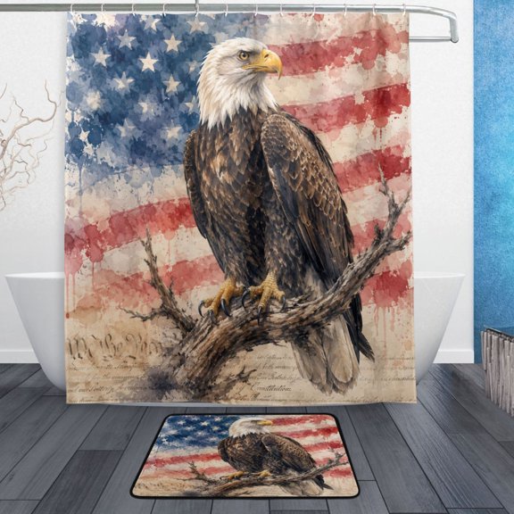 TTYFWHD 60" x 72" Shower Curtain and Bath Mat Set Patriotic Watercolor Eagle Waterproof Bathroom Curtain with 12 Hooks, Bathroom Decor Set