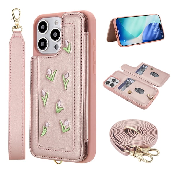 Flower Colored Knit Pattern Wallet Case for iPhone 14 Pro, Elegant PU Leather Card Slots Kickstand Handstrap Crossbody Strap Heavy Duty Protective Magnetic Clasp Rugged Flip Cover, Rosegold