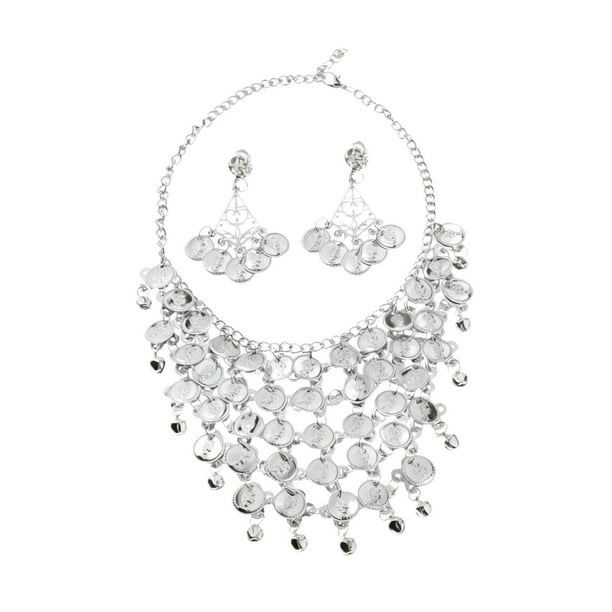 Conjunto de 2 piezas de joyería nupcial, collar y pendientes, aleación tradicional. Pendientes de clip