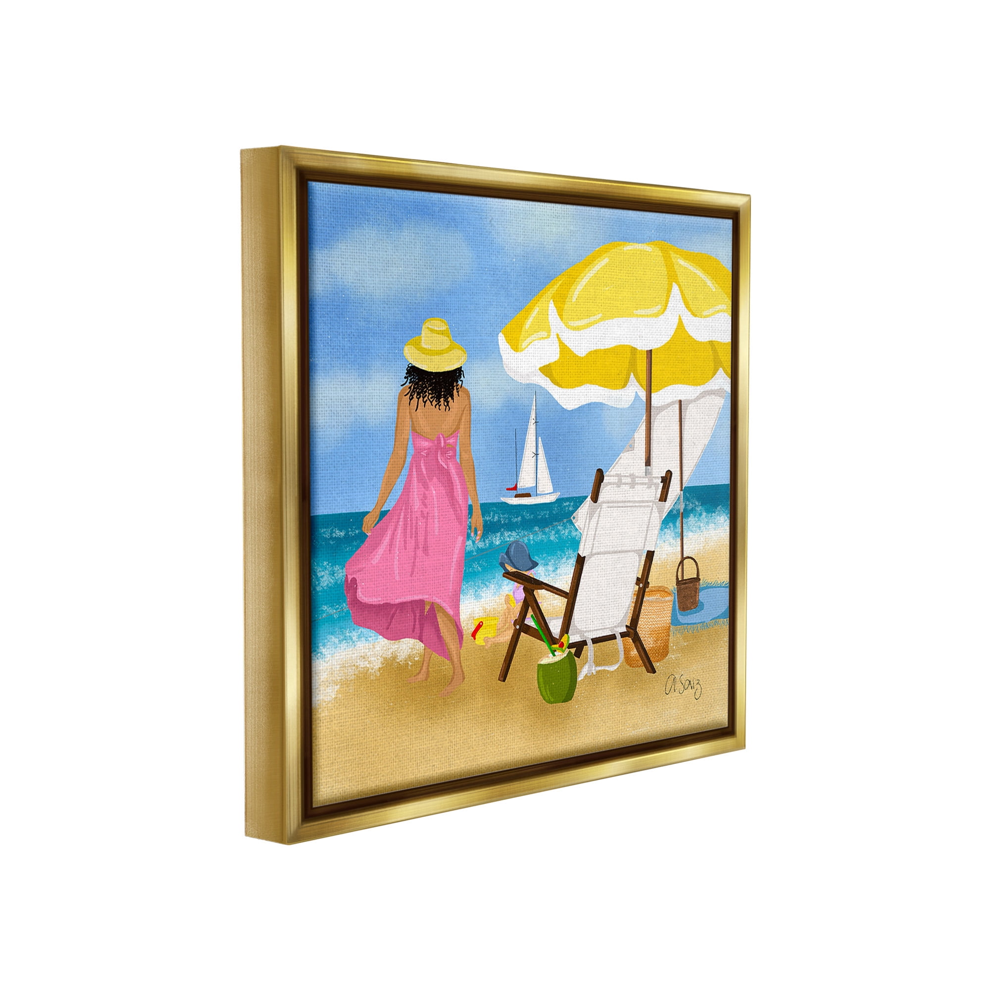 Stupell Industries Woman Strolling Beach Landscape Painting Gold Floater Framed Canvas Art Print Wall Art, 18 x 18