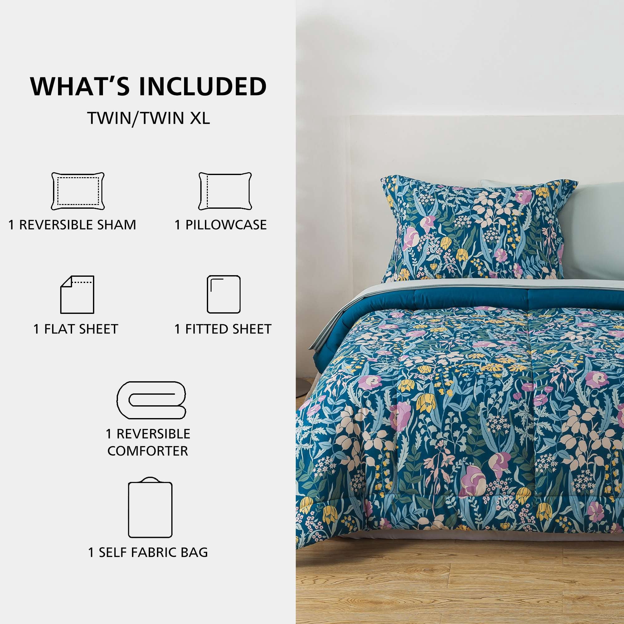 Mainstays All in One Reversible Comforter and Sheet Set, 5-Piece, Twin, Blue Floral