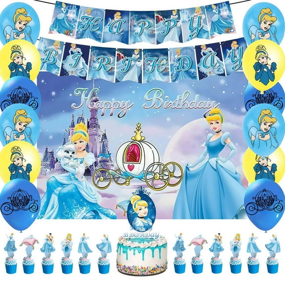 Cinderella Birthday Party Supplies, Cinderella Party Decoration Set - Cinderella Birthday Decoration Banner Background and Balloon Cake Decoration and Other Party Supplies