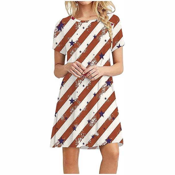 Womens Fourth of July Dress Fashion Patriotic Dresses Star Print Dress Women's American Flag