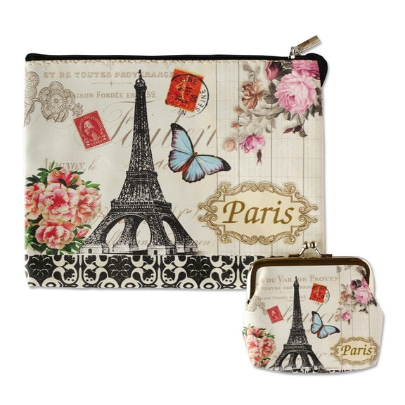 Digital Print Faux Leather Wallet Cosmetic Pouch and Coin Purse - 2pcs set -ButterFly Paris