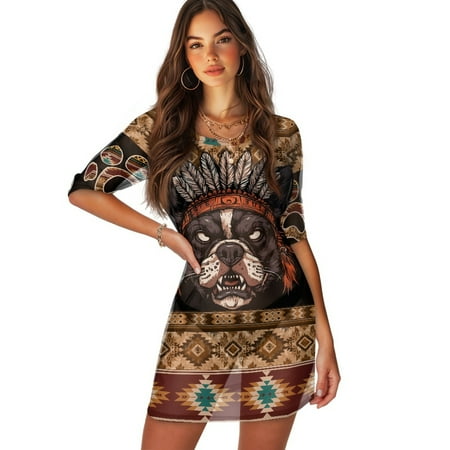 FKELYI American Tribal Bulldog Print Women s Swimsuit Cover Ups Round Neck Swimwear Cover-Up Half-Sleeve Beachwear Bikini Beach Dress for Ladies Summer Vacation Swimming  XS