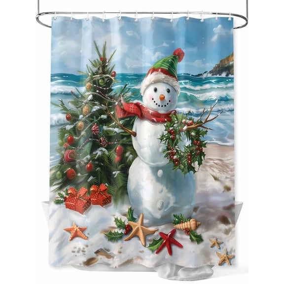 Coastal Christmas Snowman Extra Long Shower Curtain Set, Waterproof Shower Curtains for Bathroom, Starfish Xmas Tree Beach Washable Fabric Cloth Bath Curtain for Bathtub with Hooks 72x96 Inches