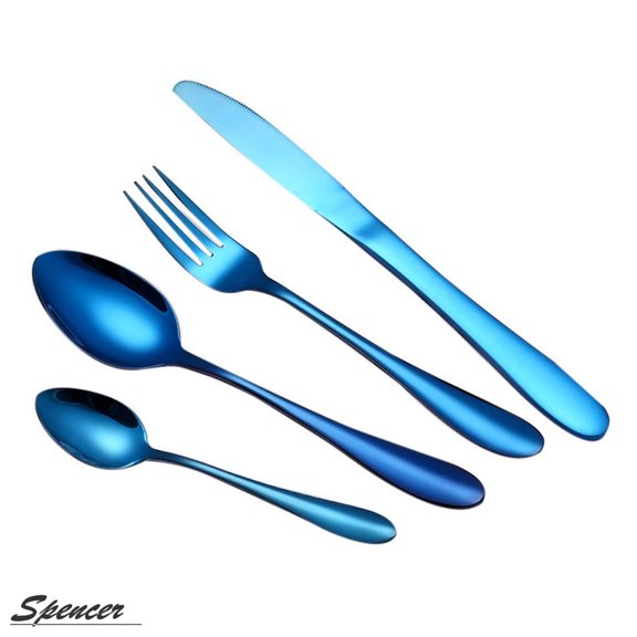 Spencer Rainbow Buffet Flatware Set, 4 Pieces Stainless Steel Dinner Steak Knife Fork Tea Spoons Utensils Cutlery Service for 1 "Blue"