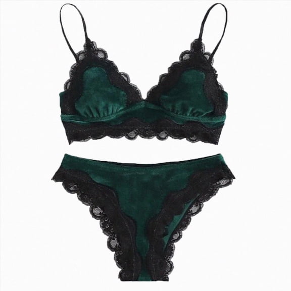 HCNTES Lace Lingerie Set for Women 2 Piece Bra and Panty Sets V Neck Corset Tops Nightwear (Green,L)