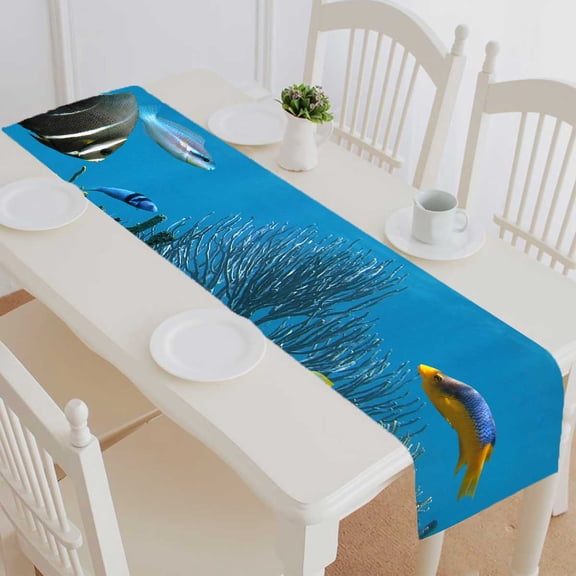 PKQWTM Coral reef starfish colorful tropical fish Caribbean sea Cotton and Linen Table Runner Kitchen Dining Room Supplies Size 14x72 Inch