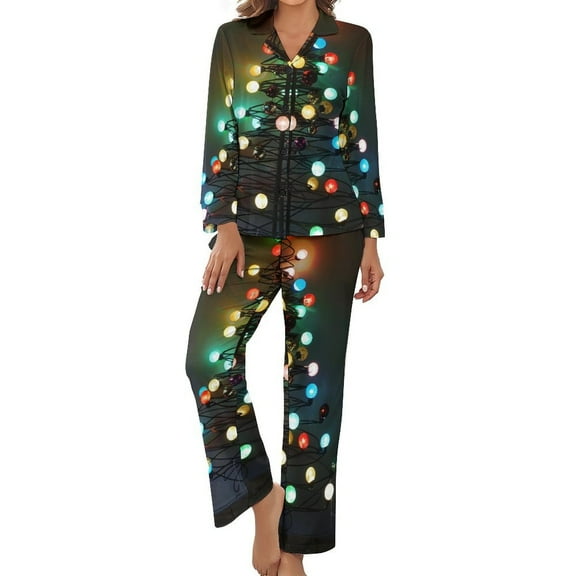 Christmas Tree Light Women's Long Sleeve Flannel Pajama Set Sleepwear XL