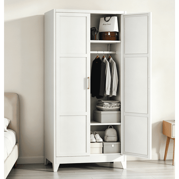 SOLAURA 71" Tall Metal Armoire Wardrobe Cabinet with 2 Doors, Wardrobe Closet with Hanging Rod and Adjustable Shelves, Freestanding Closet for Home Living/Laundry Room/Department (White)