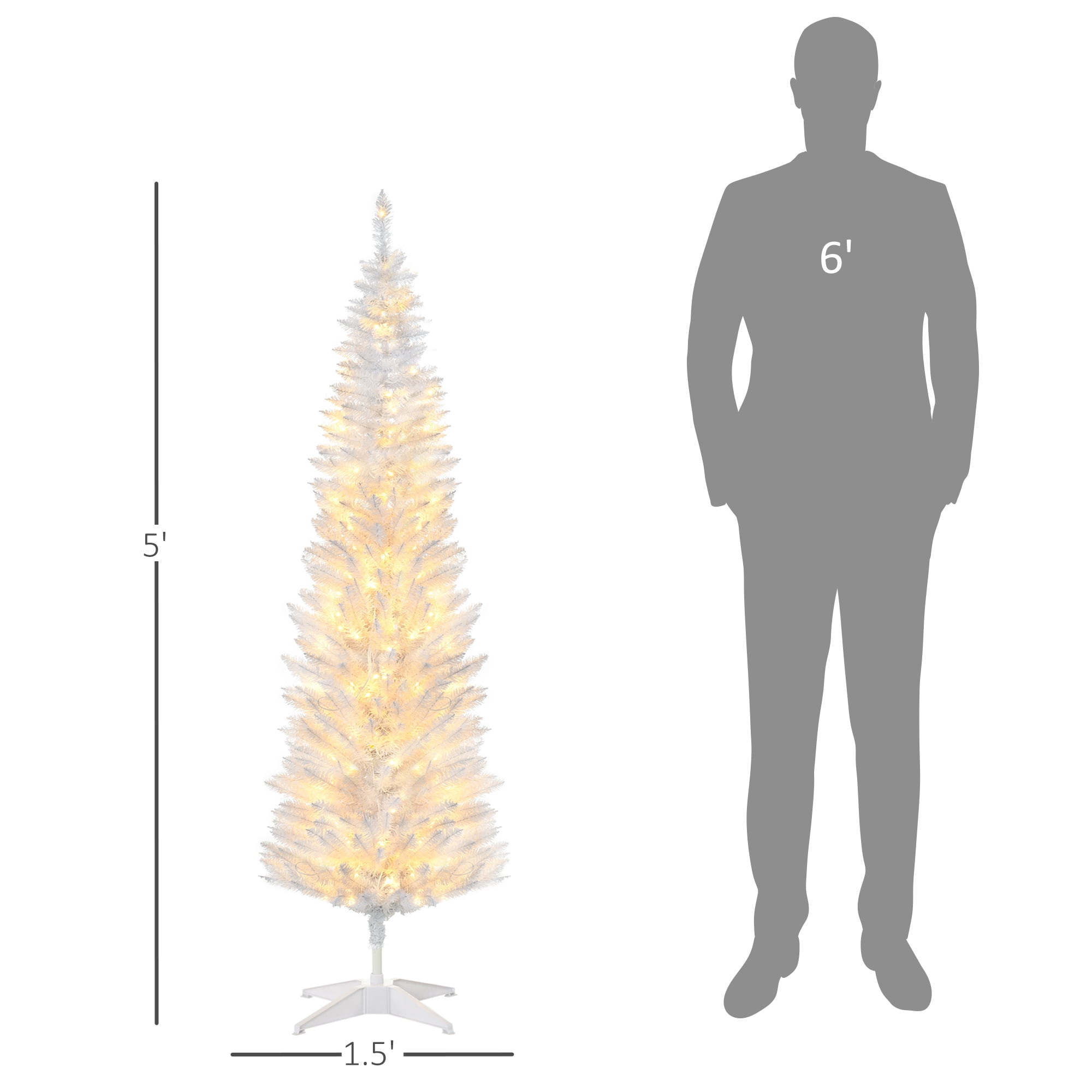 5FT White Slim Pencil Artificial Christmas Tree, 294 Tips 110 Warm White LEDs, Section Design, Flame Retardant Sturdy Base, Indoor Holiday Decor