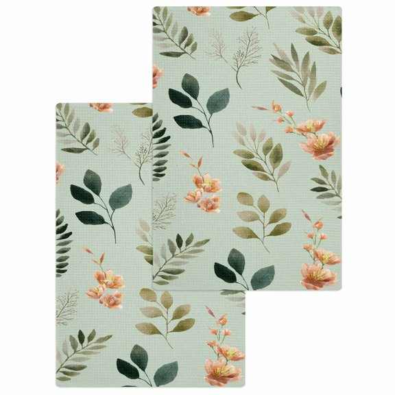 Spring Leaves Kitchen Dish Towels for Drying Dishes Set of 2, Pink Flowers Pastoral Botanical Green Waffle Weave Microfiber Hand Tea Bathroom Towels Quick Dry & Absorbent Towel 15.7x23.6