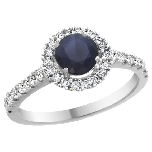 14K White Gold Diamond Halo Natural Quality Blue Sapphire Engagement Ring Round 6mm, size 9.5