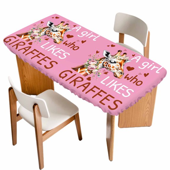 Giraffes Flowers Table Cloths for 6 Foot Rectangle Tables, A Girl Who Likes Giraffes Elegant Animals Pink Patio Waterproof Elastic Fitted Tablecloths, Washable Rectangular Table Cover for Camping