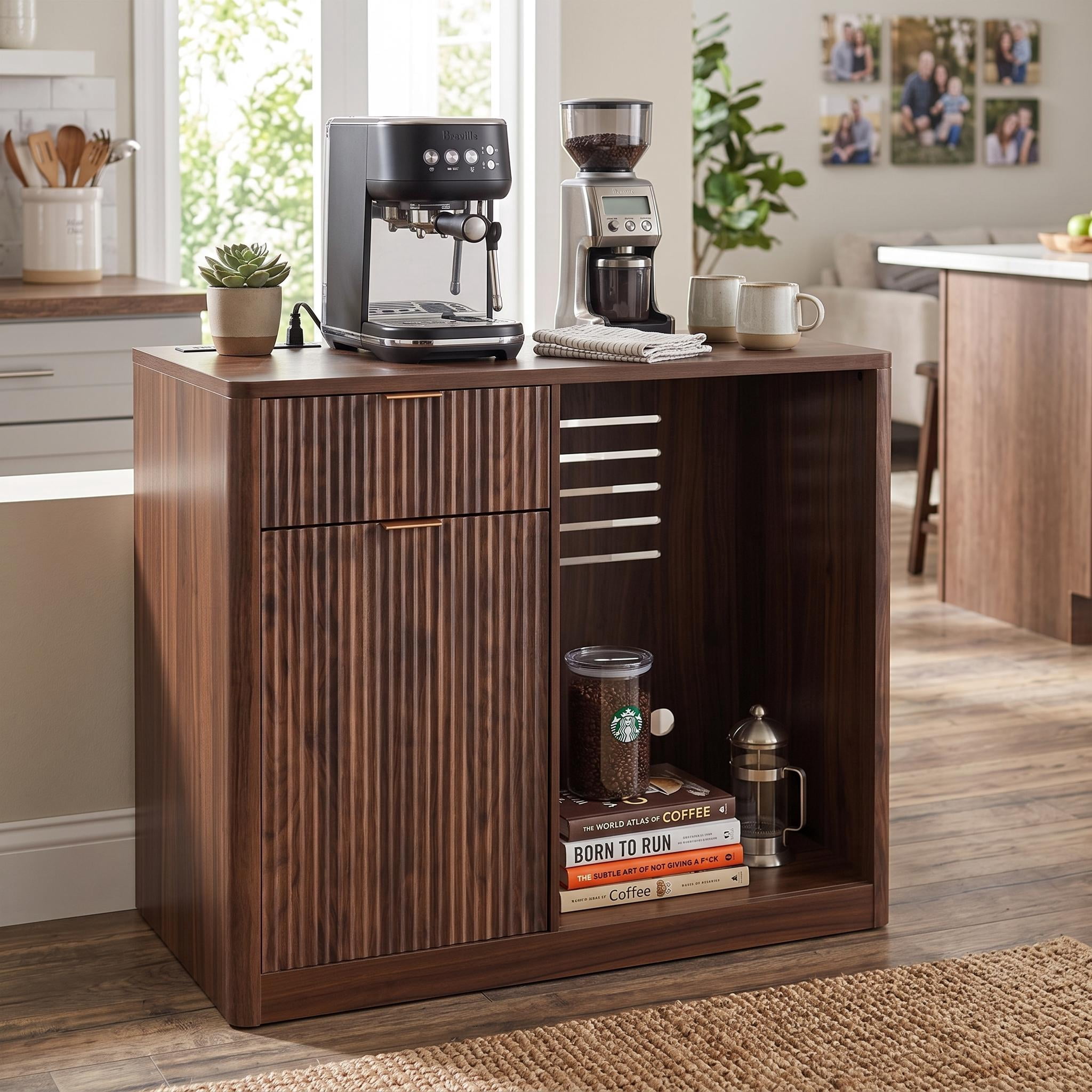 Homy Casa 39.4" Fluted Kitchen Island with Mini Fridge Space, Power Outlet and Storage, Dark Walnut