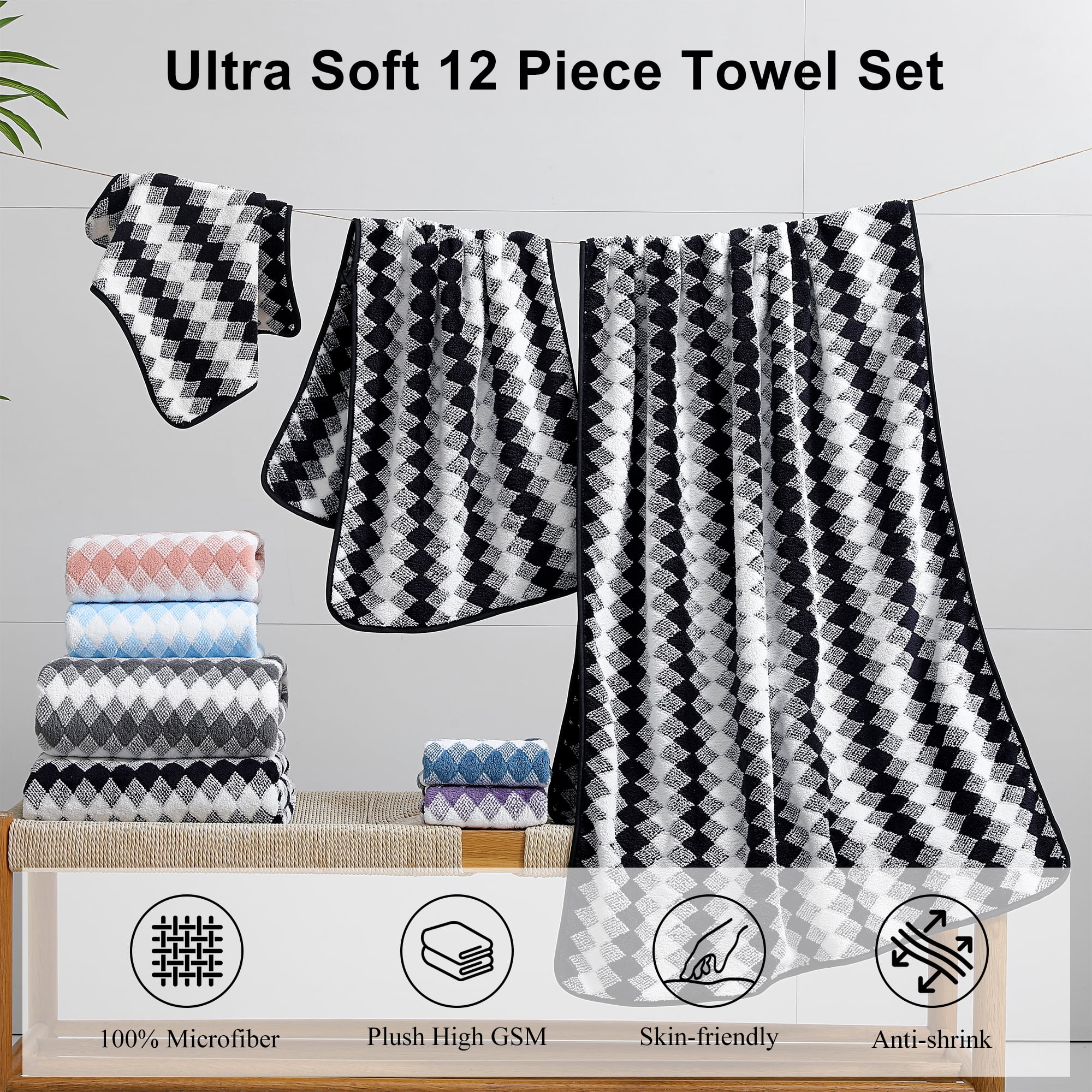 Jessy Home 12 Piece Black White Towel Set Soft Bath Towel for Bathroom-4 Bath Towels, 4 Hand Towels, 4 Washcloths Highly Absorbent Bath Sheet for Hotel & Spa