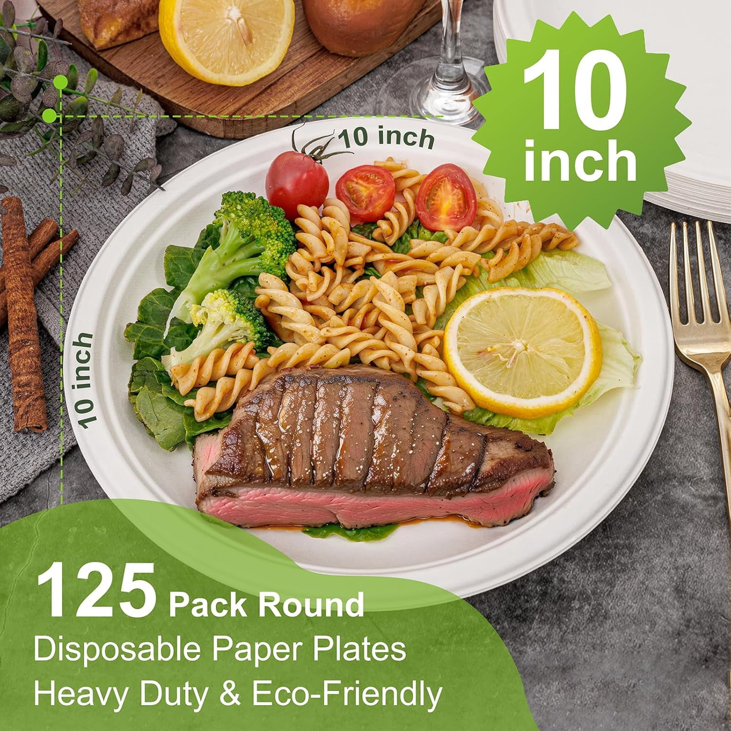 10 Inch Paper Plates, 125-Pack 100% Compostable Heavy Duty Disposable Plates Bulk, Biodegradable Bagasse, Eco-Friendly, PFAS-Free | BPI Certified | Microwaveable